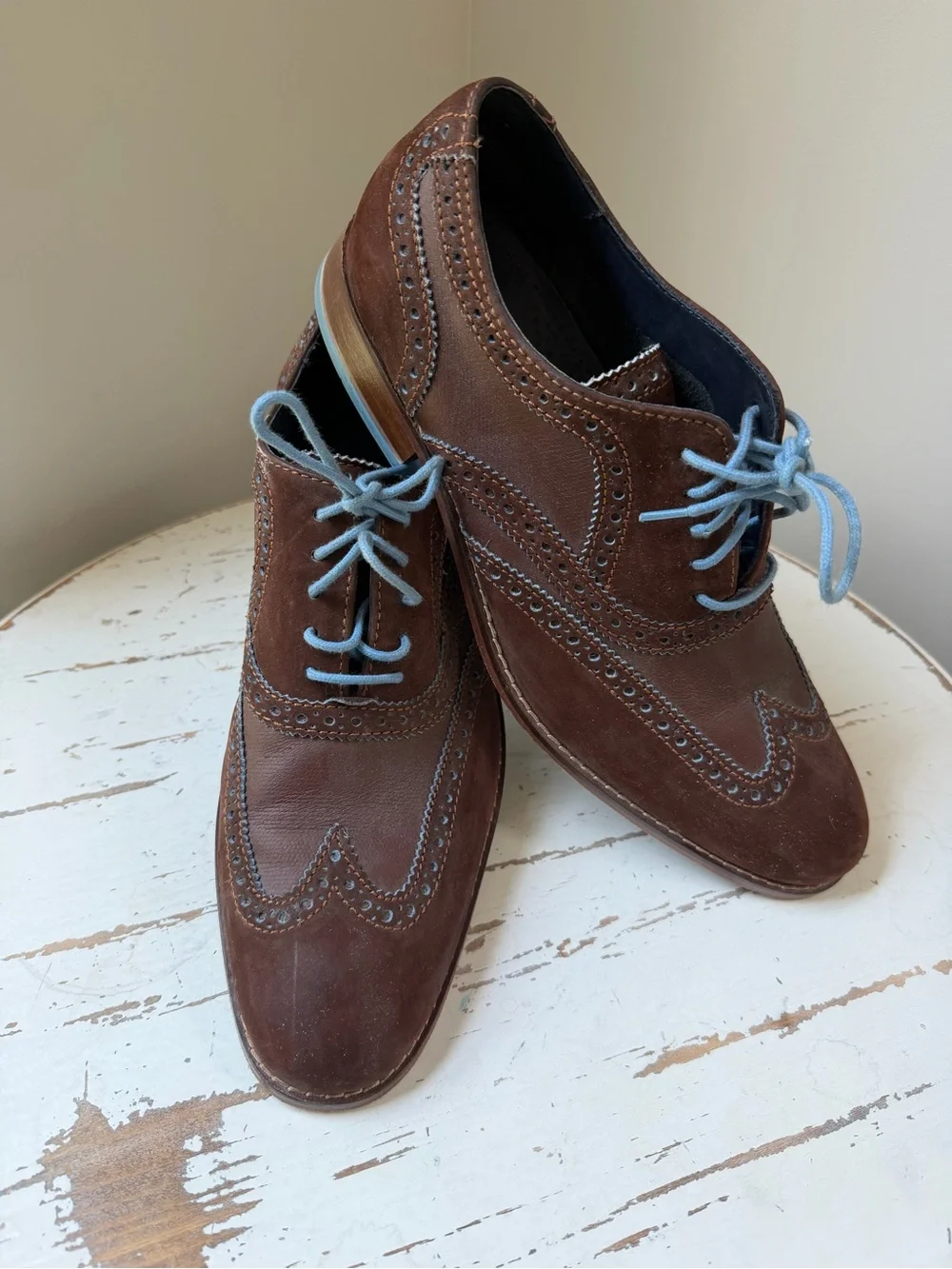 Cole Haan with Nike air tech Men's Brown Wingtip Oxfords with Light Blue Laces